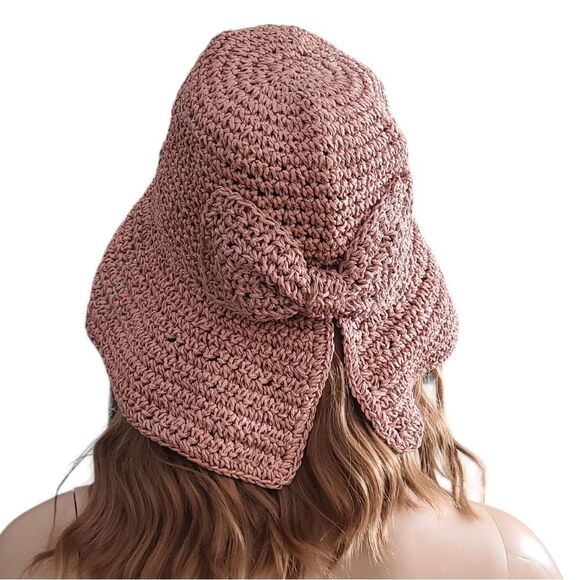 Straw Bucket Crochet Hat With Bow Soft Rose Open Weave - Picture 10 of 13